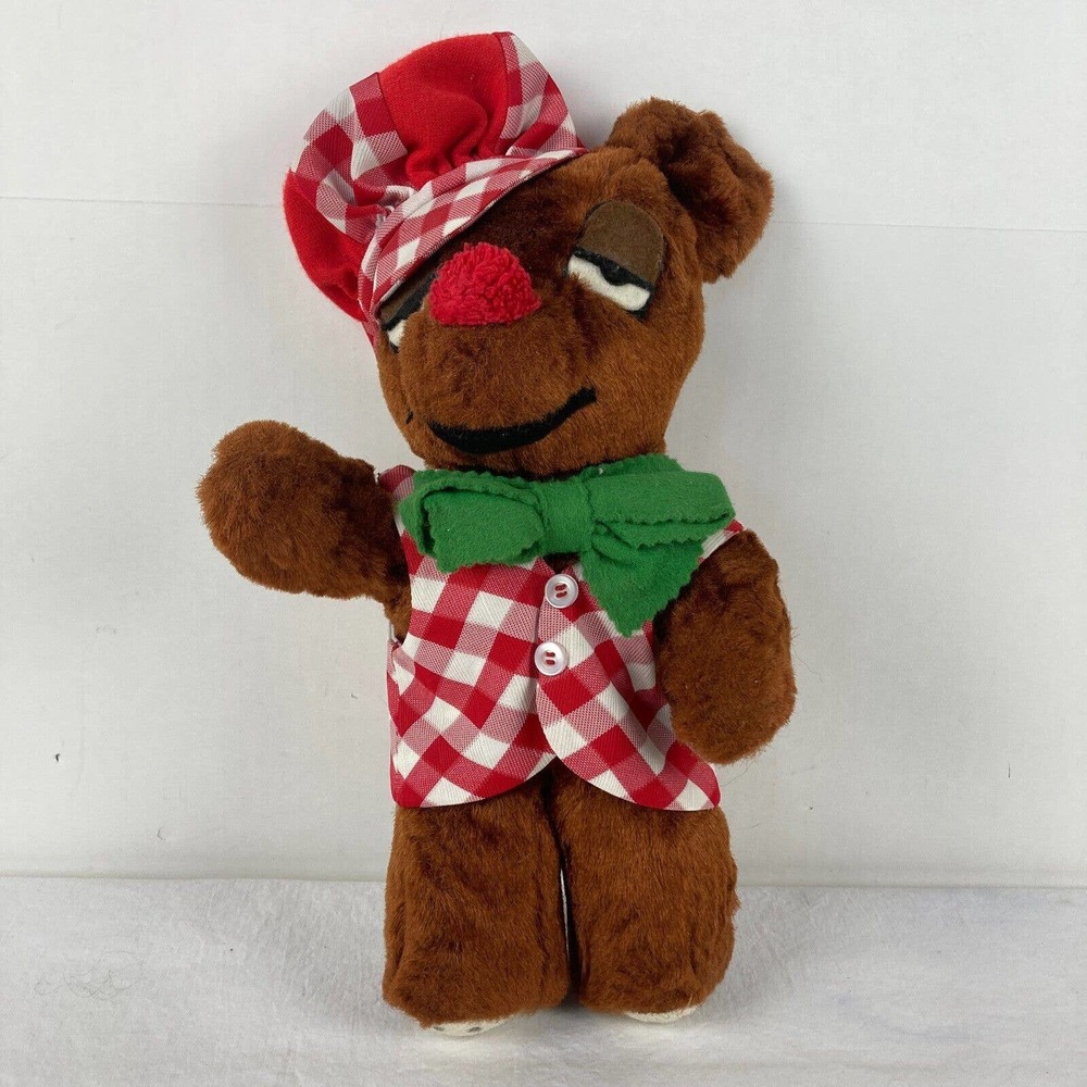 Vintage Plush Stuffed Animal Bear Chef Hat Vest Checkered Plaid 13"